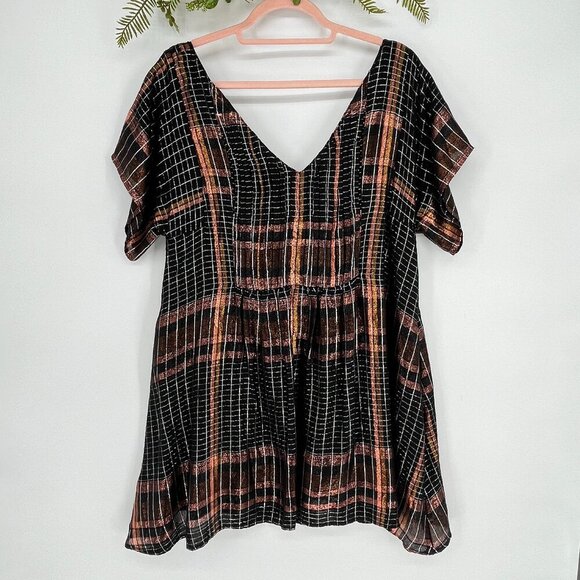 Free People Barcelona Shimmer Plaid Metallic Mini Dress in Black Pockets SP - Picture 3 of 15